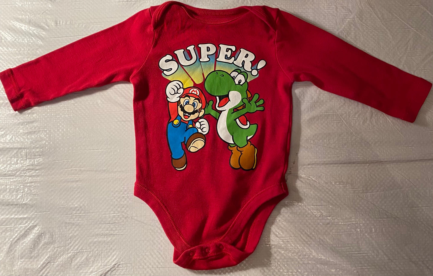 Super Mario & Yoshi “SUPER!” Red Long Sleeve Bodysuit – 6-12M